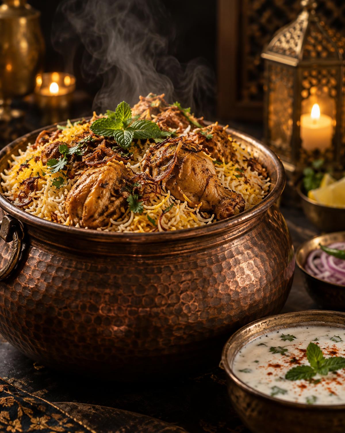 Chicken biryani in a copper handi with saffron rice, fried onions and mint